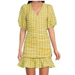 Skies are blue dress v-neck gingham print size small puff sleeve midi Dress
